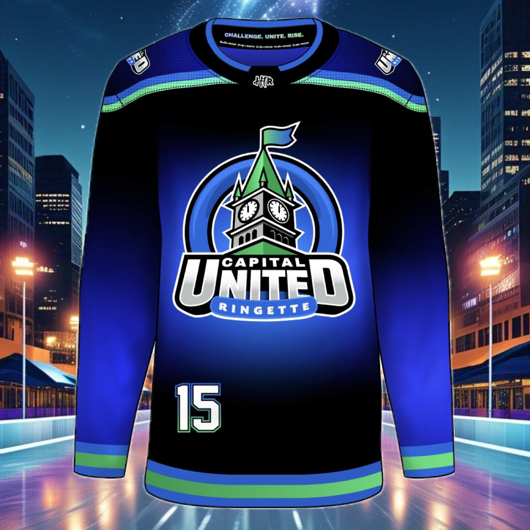 Ringette jersey with 'Capital United' logo on a city night background