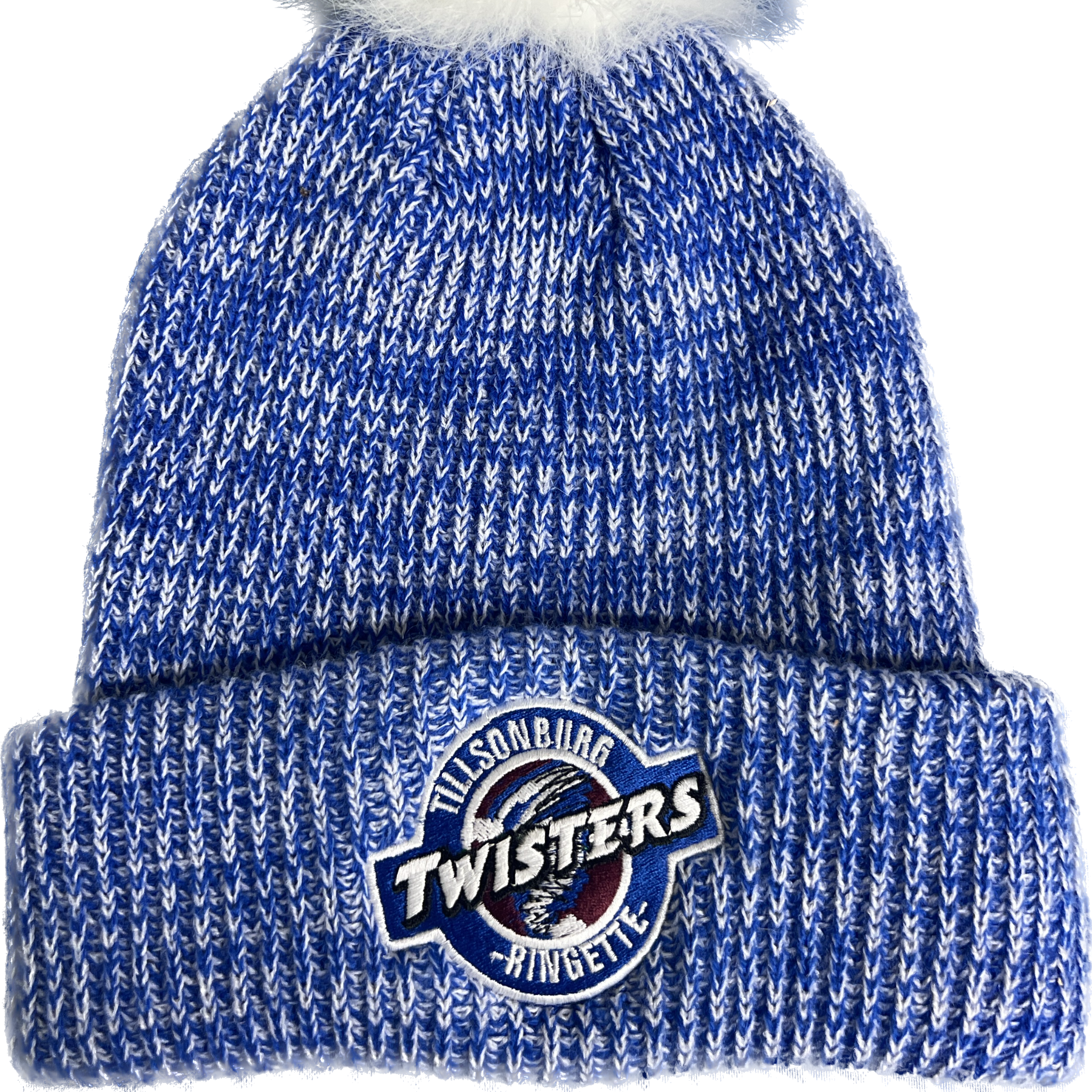 A blue and white striped acrylic toque with a faux fur pom-pom on a white background.