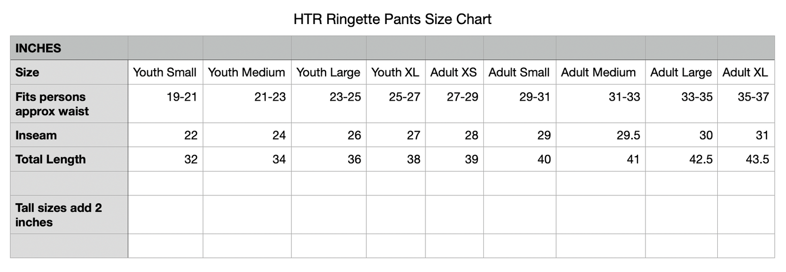 Ringette pant size chart for adult and youth