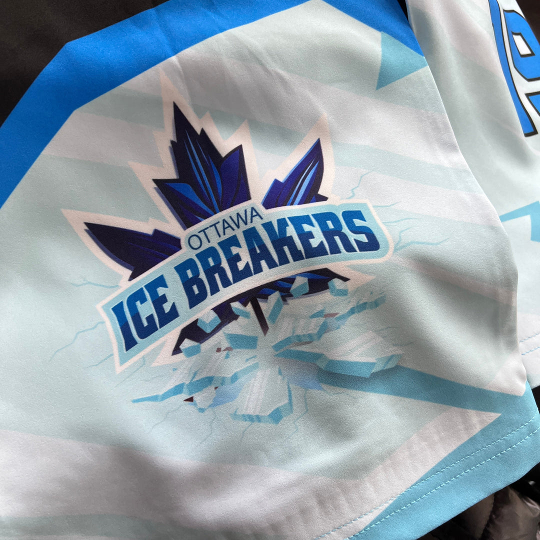 close up of a ringette logo design added to ringette pant