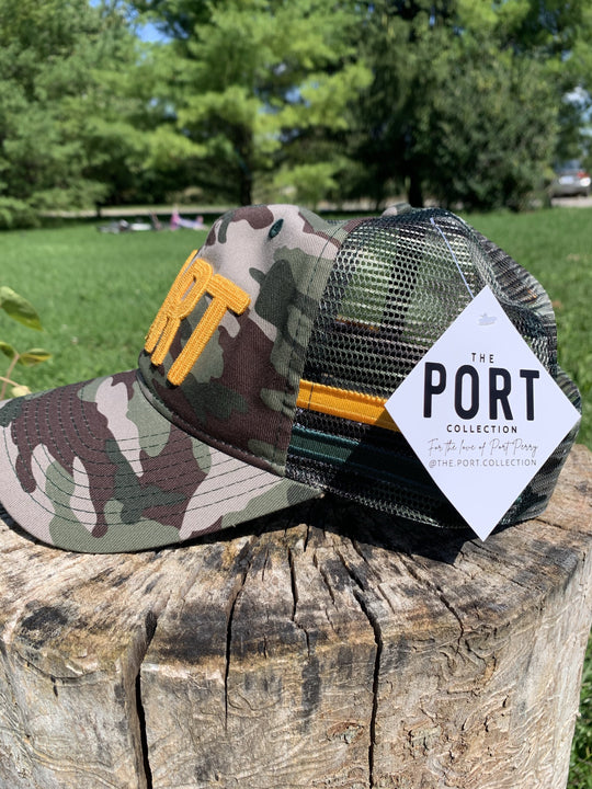 Retro PORT Camo Snapback Trucker Cap-Athletic Gold